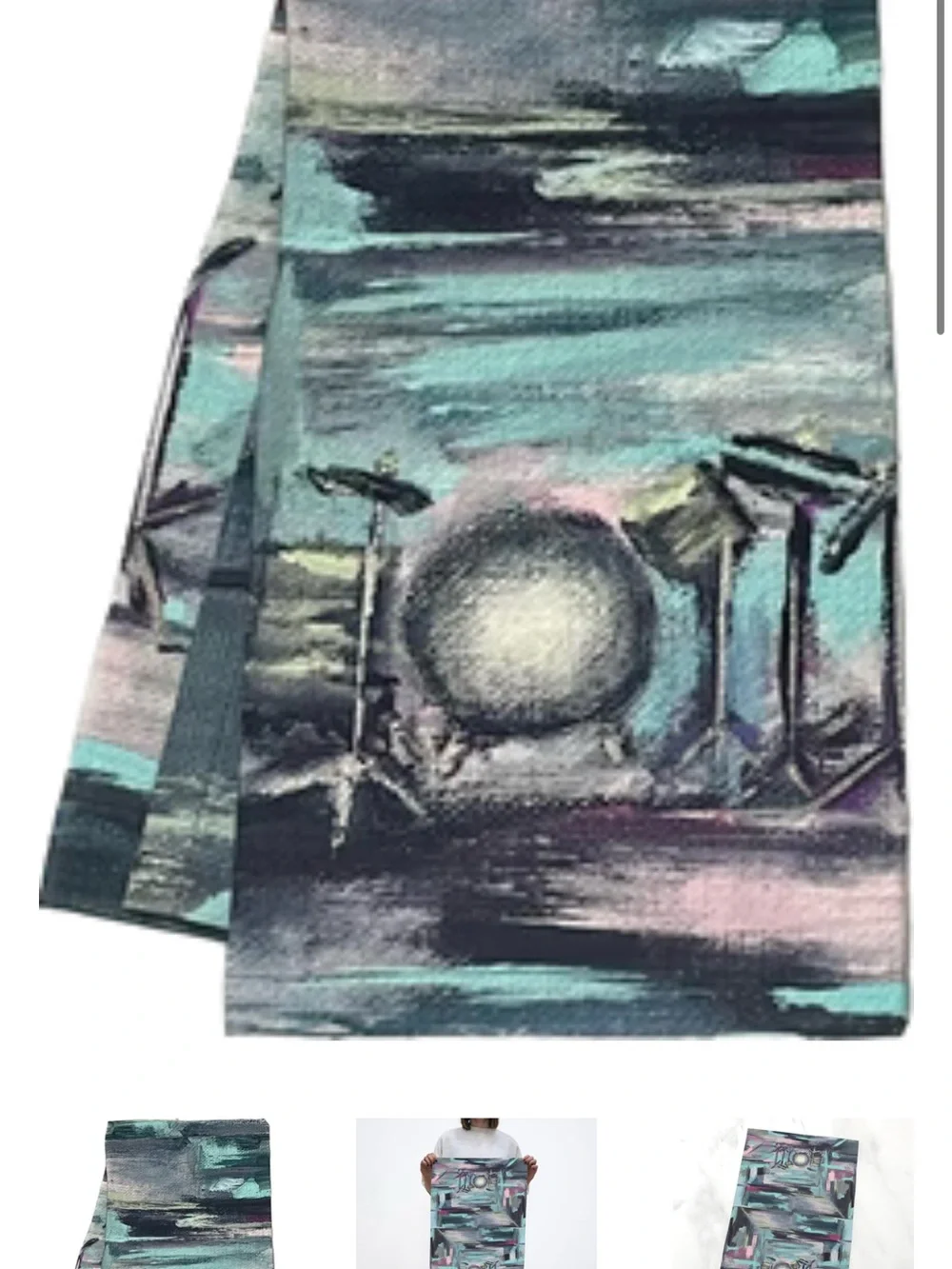 Tea towel with Abstract Drum Set Art in aqua, navy and Pink